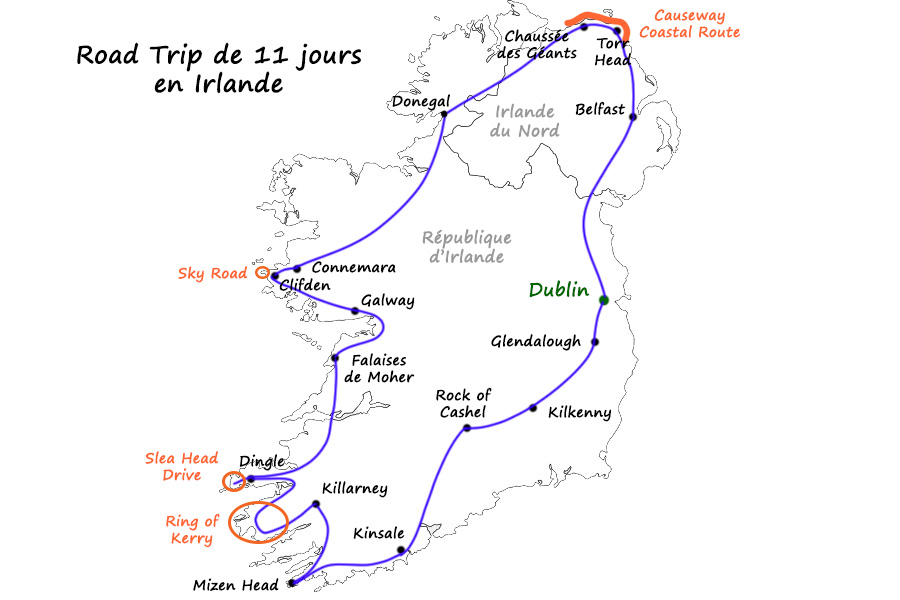 Carte itinéraire 11 jours de road trip en Irlande